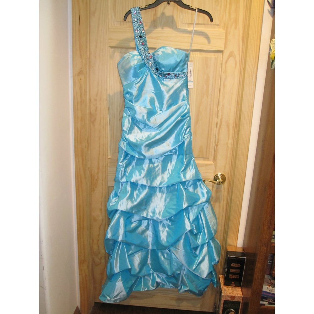 NEW JUMP Long One Shoulder Formal Pleated Dress Beaded Shiny Baby Blue sz 7/8!!!